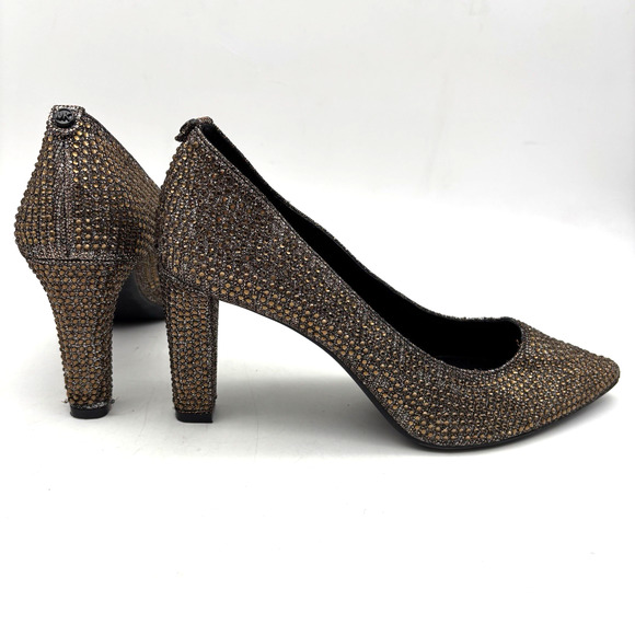 Michael Kors ABBI FLEX Bronze Glitter Rhinestone Block Pump Heels Women's 10M - Picture 1 of 16